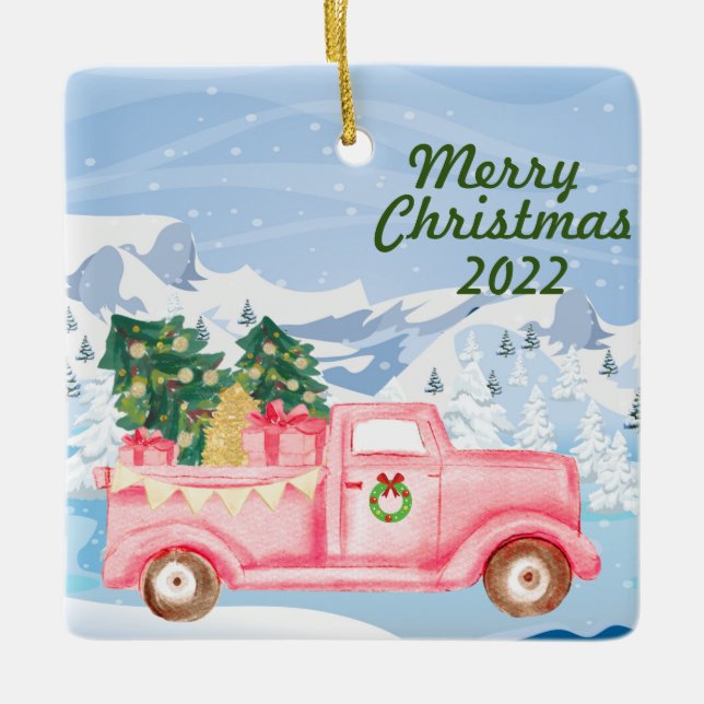 Vintage pink truck Christmas ornament 2022 (Front)
