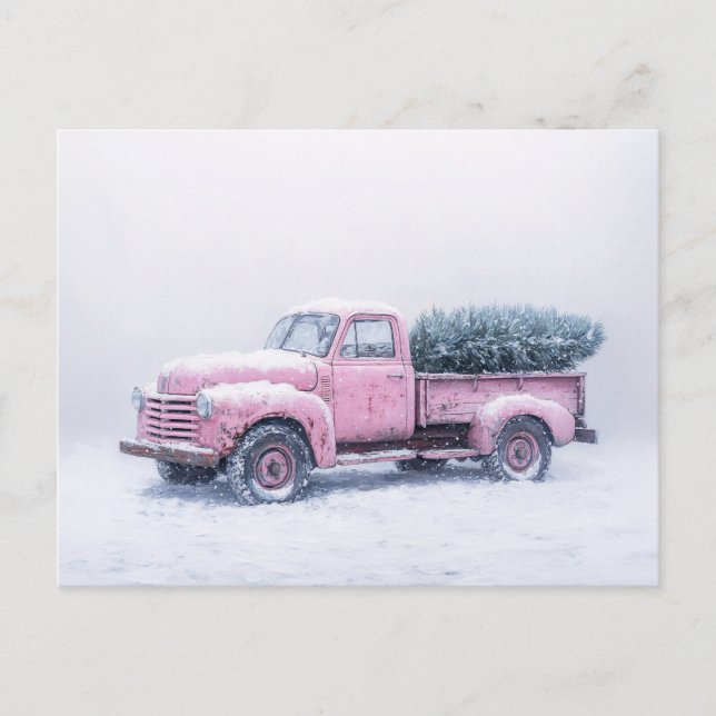 Vintage Pink Truck Christmas Tree Blizzard Art Postcard (Front)