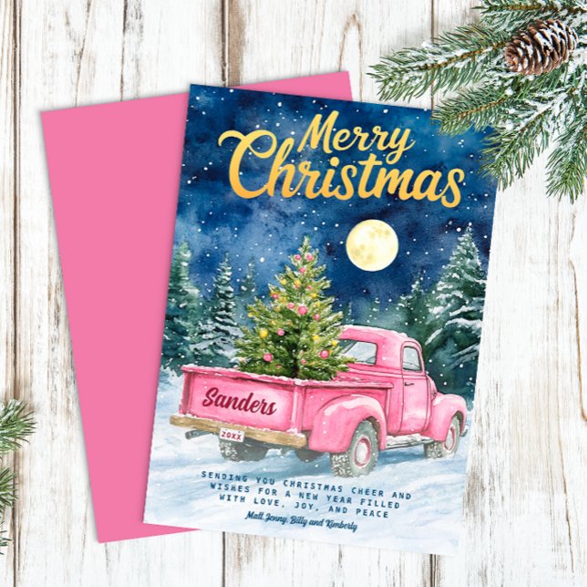 Vintage Pink Truck Holiday Cards (Retro Christmas Greeting Card)