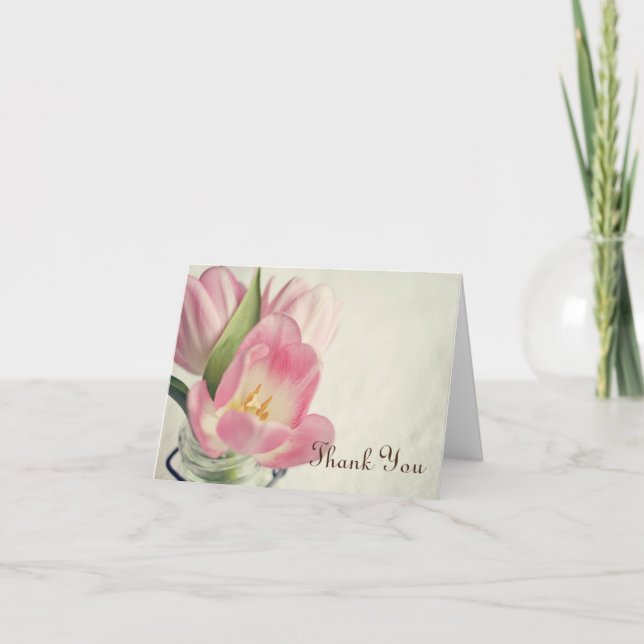 Vintage Pink Tulips Mason Jar Thank You Card (Front)