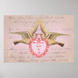 Vintage Pink Valentine Love Doves and Heart Poster