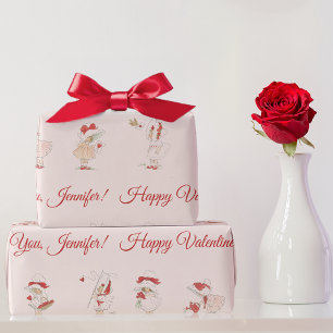 Vintage Pink Valentine's Day Cute Girls Red Hearts Wrapping Paper
