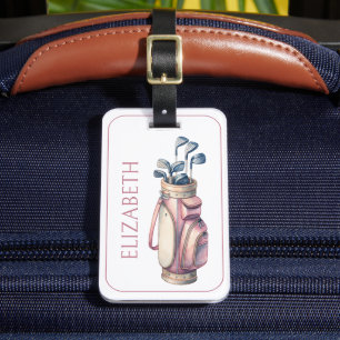 Vintage Pink Watercolor Golf Clubs Personalised Luggage Tag