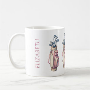Vintage Pink Watercolor Golf Clubs Personalized Coffee Mug