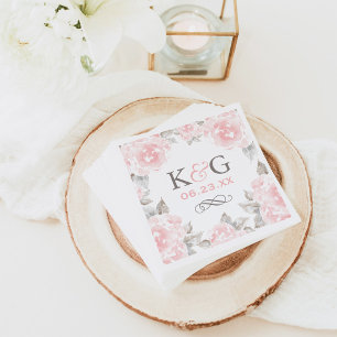 Vintage Pink Watercolor Rose Wedding Monogram Napkin