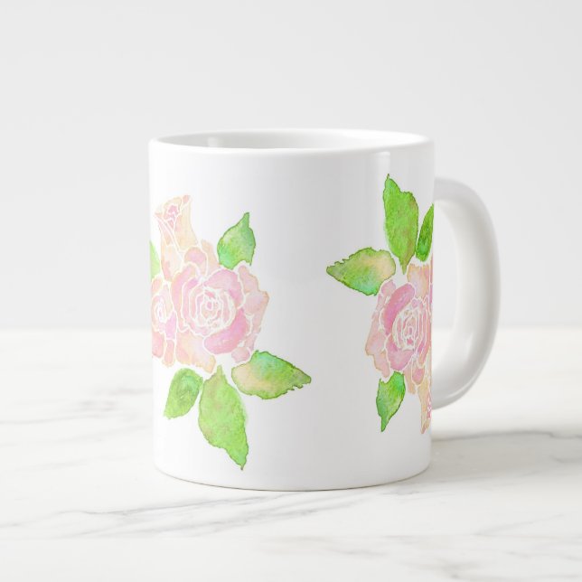Vintage Pink Watercolour Albertine Roses Large Coffee Mug (Front Right)