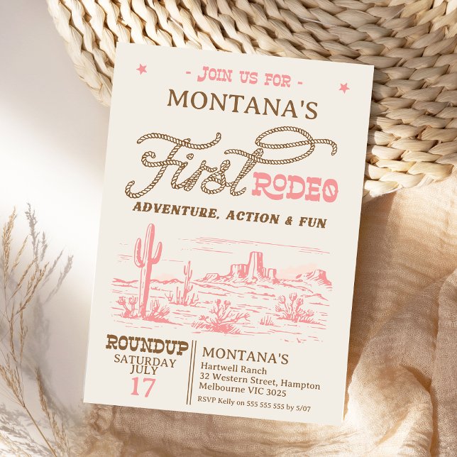 Vintage Pink Western Desert Rodeo 1st Birthday Invitation (Vintage First Rodeo 1st Birthday Invitation Girl, 1st Rodeo Birthday Invite, Cowgirl Western)