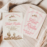 Vintage Pink Western First Rodeo 1st Birthday Invitation<br><div class="desc">Vintage Pink Western First Rodeo 1st Birthday Invitation 

Girls pink and brown first rodeo birthday invitation featuring a cowgirl hat with cow pink pattern,  a desert landscape and rope style font heading.</div>
