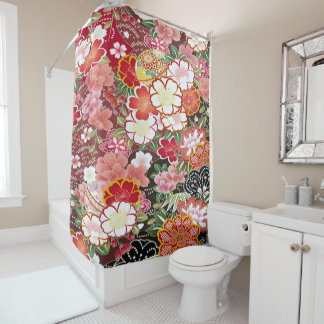 Vintage Pink White Japanese Kimono Floral Flower Shower Curtain