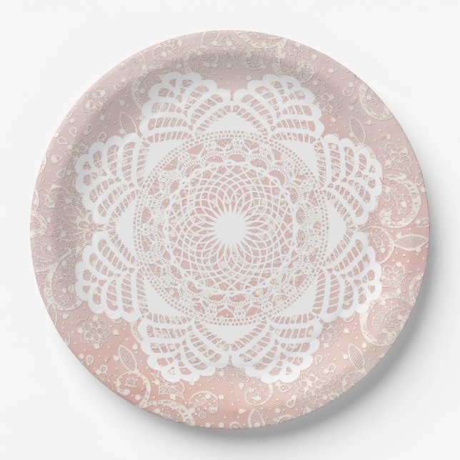 Vintage Pink & White Lace Doily Shabby Chic Plate (Front)