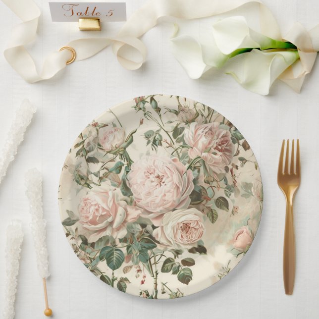 Vintage Pink/ White Roses Paper Plate (Wedding)