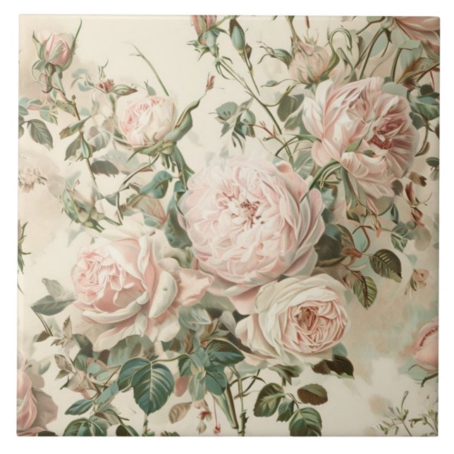 Vintage Pink/ White Roses Tile (Front)