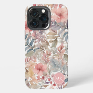 Vintage Pink Wildflower Floral Watercolor Monogram iPhone 13 Pro Case