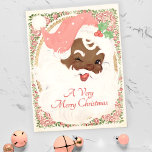 Vintage Pink Winking Black Santa Claus Christmas Holiday Postcard<br><div class="desc">distressed and weathered old world style African American Santa Claus,  dressed in a beautiful blush pink hat,  signalling a jolly holiday wink. Saint nick is surrounded by gold and floral victorian framework,  and a greeting that can be personalised</div>
