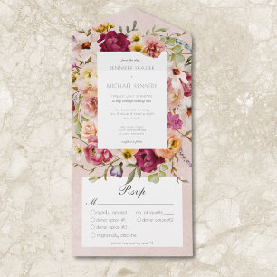 Vintage Pink Yellow Floral Pink Wedding Dinner All In One Invitation
