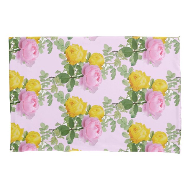 Vintage Pink Yellow Rose Floral Pillowcase (Front)