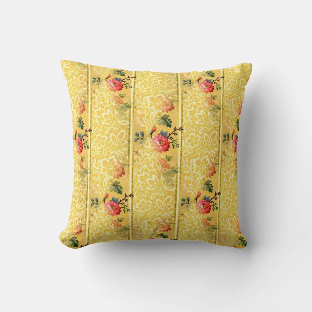 Vintage Pinkish-Red Flowers on Golden Background Cushion (Front)