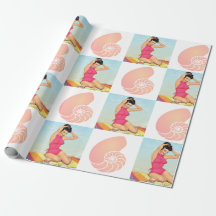 Vintage Pinup Girl and Sea Shell Beach Pattern