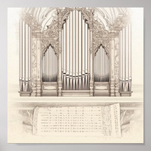 Vintage Pipe Organ Sketch and Antique Sheet Music Poster