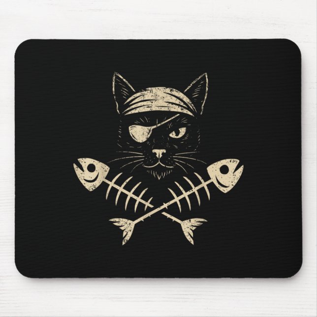 Vintage Pirate Black Cat Crossbones Halloween Mouse Pad (Front)