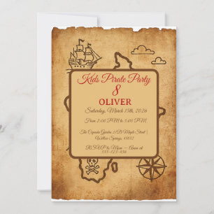 Vintage Pirate Map Invitation, Minimalist 8th Birt Invitation