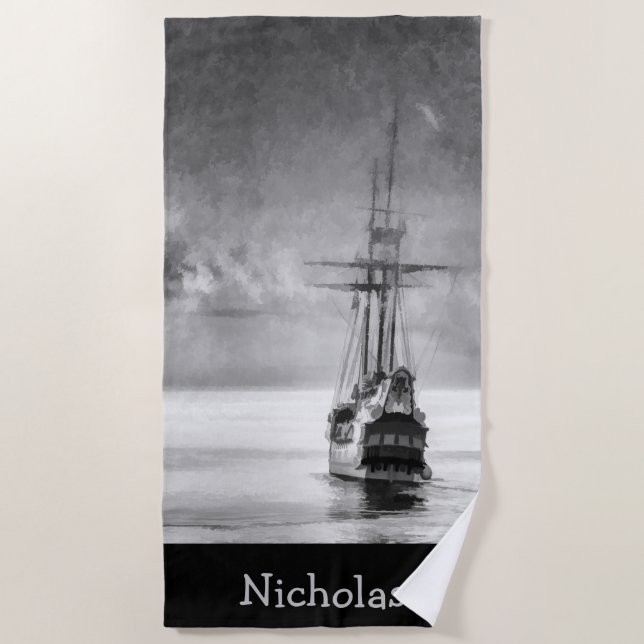 Vintage Pirate Ship Custom Name Fun Beach Towel (Front)