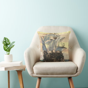 Vintage Pirate Ship, Galleon Sailing on the Ocean Cushion