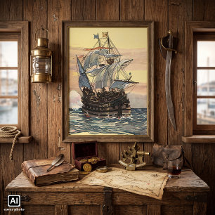 Vintage Pirate Ship, Galleon Sailing on the Ocean Poster