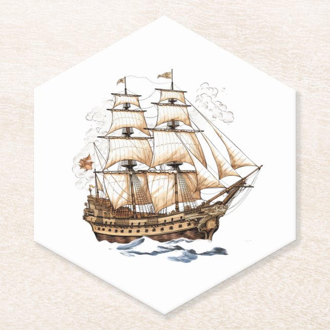 Vintage Pirate Ship Paper Coaster (Front)