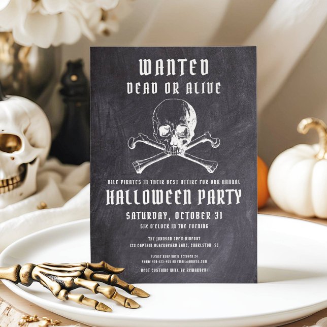 Vintage Pirate Skull & Bones Black Halloween Party Invitation (Vintage Pirate Skull & Bones Black Halloween Party Invitation)