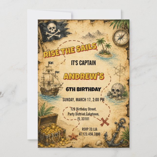 Vintage Pirate Treasure Map Boy Birthday Invitation (Front)