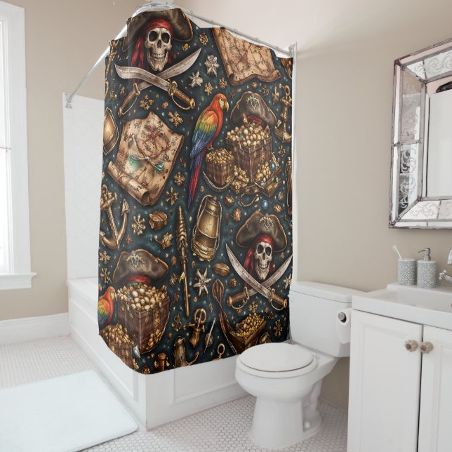 Vintage pirate treasure map shower curtain (In Situ)