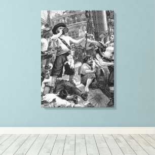 Vintage Pirates Fighting and Drinking on the Ship Canvas Print