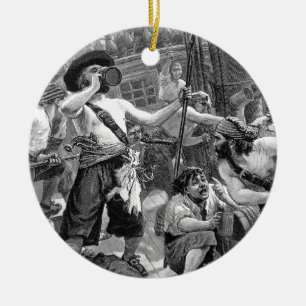 Vintage Pirates Fighting and Drinking on the Ship Ceramic Tree Decoration