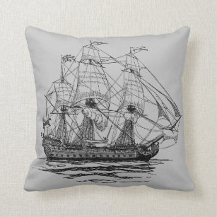 Vintage Pirates Galleon, Sketch of a 74 Gun Ship Cushion