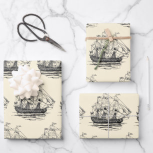 Vintage Pirates Galleon, Sketch of a 74 Gun Ship Wrapping Paper Sheet