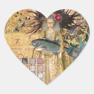 Vintage Pisces Fish Woman Gothic Classic Heart Sticker