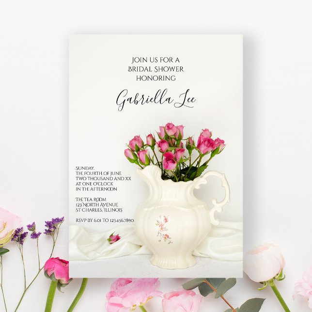 Vintage Pitcher and Pink Roses Bridal Shower Invitation (Creator Uploaded)