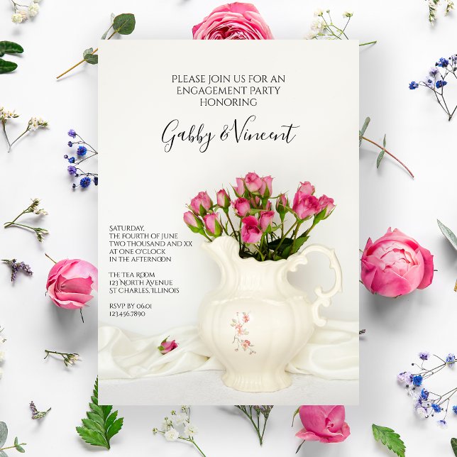 Vintage Pitcher and Pink Roses Engagement Party Invitation (Creator Uploaded)
