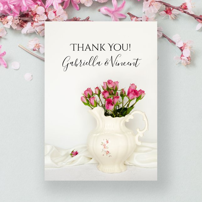 Vintage Pitcher Pink Roses Wedding Thank You Note (Creator Uploaded)