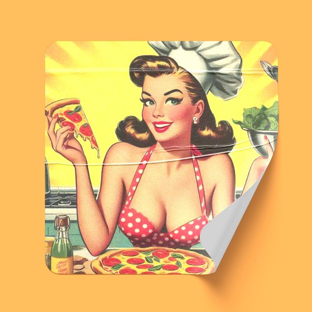 Vintage Pizza Girl Square Sticker (Creator Uploaded)