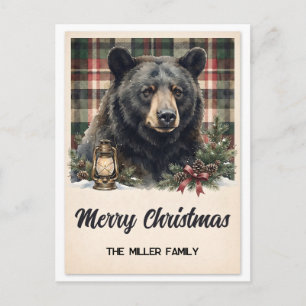 Vintage Plaid Black Bear Custom Christmas Holiday Postcard