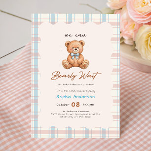 Vintage Plaid Bow Teddy Bear Baby Shower Invitation