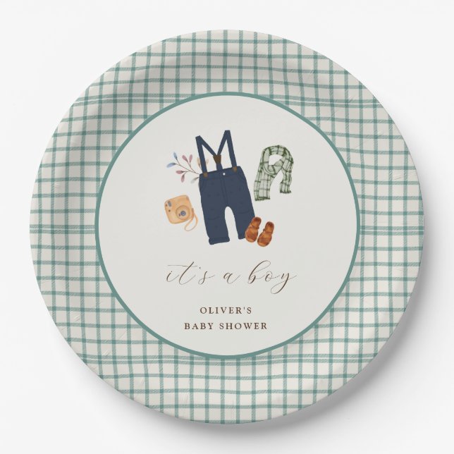 Vintage Plaid Boy Clothes Baby Shower Paper Plate (Front)