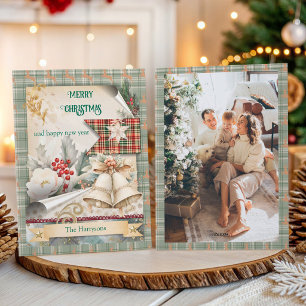 Vintage Plaid Christmas Bells Photo Back  Holiday Card