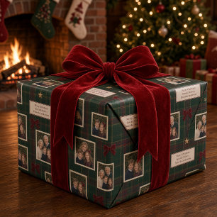 Vintage Plaid Photo Collage Burgundy Bow Christmas Wrapping Paper
