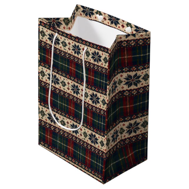 Vintage Plaid & Snowflake Christmas Gift Bag (Front Angled)