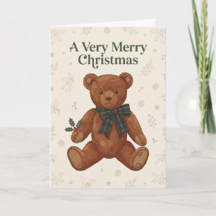 Vintage Plaid Tartan Teddy Bear Christmas Card