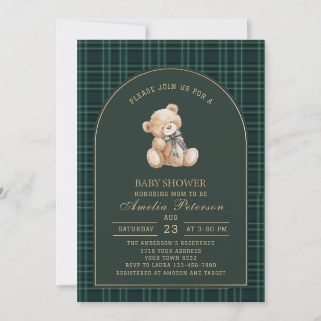 Vintage plaid teddy bear Polo Luxury baby shower I Invitation (Front)