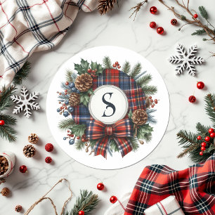 Vintage Plaid Wreath Monogram Christmas Holiday Classic Round Sticker